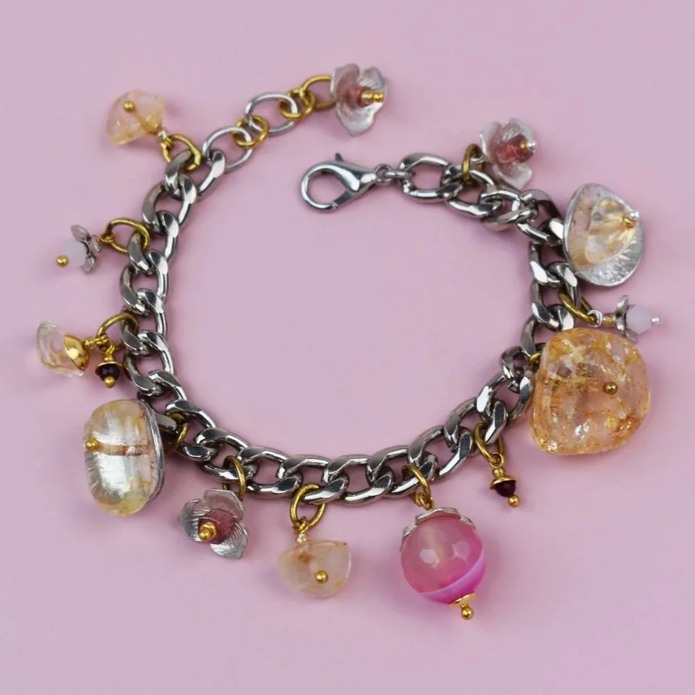 Chunky colorful charm silver chain bracelet, pink gemstone bead dangle bracelet